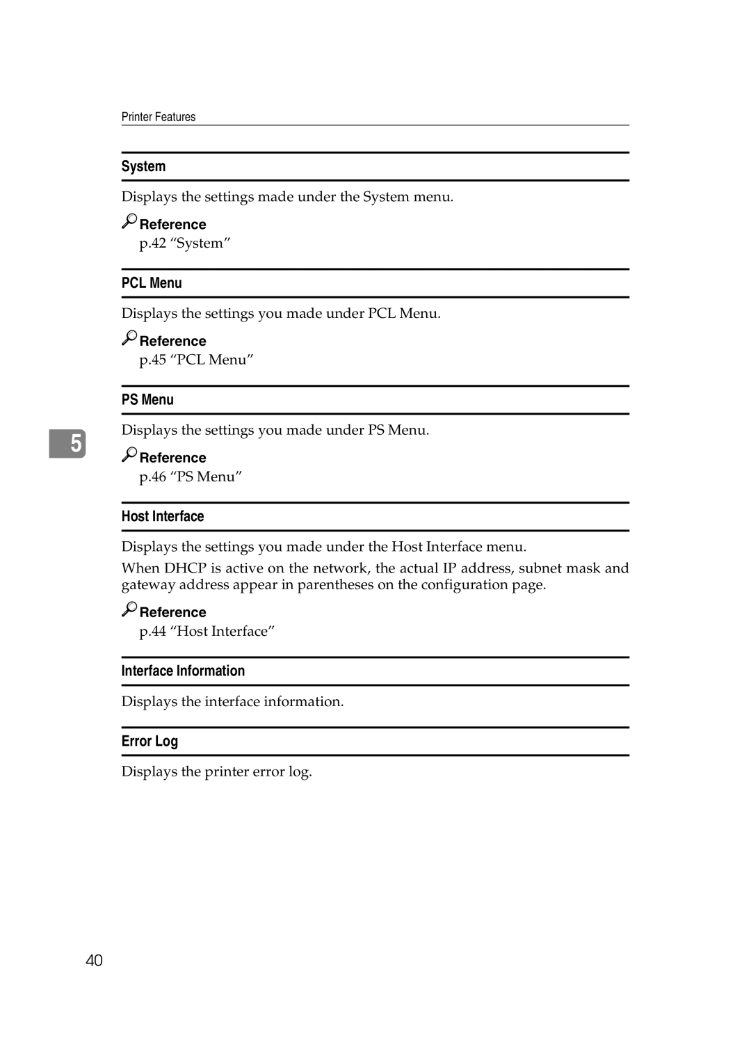 Xerox 2045e appendix System, PCL Menu, PS Menu, Host Interface, Interface Information, Error Log 