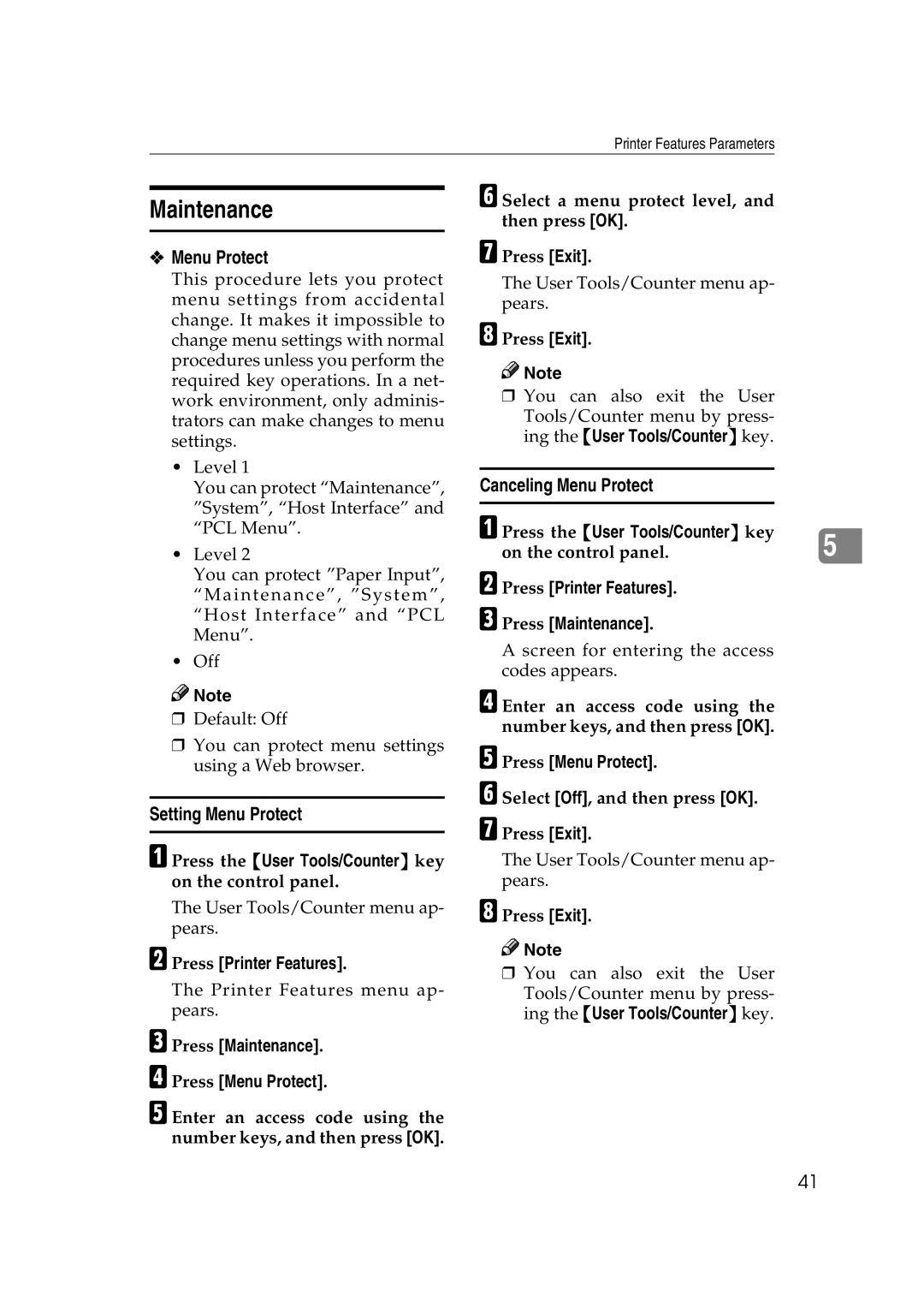 Xerox 2045e appendix Maintenance, Setting Menu Protect, Canceling Menu Protect 