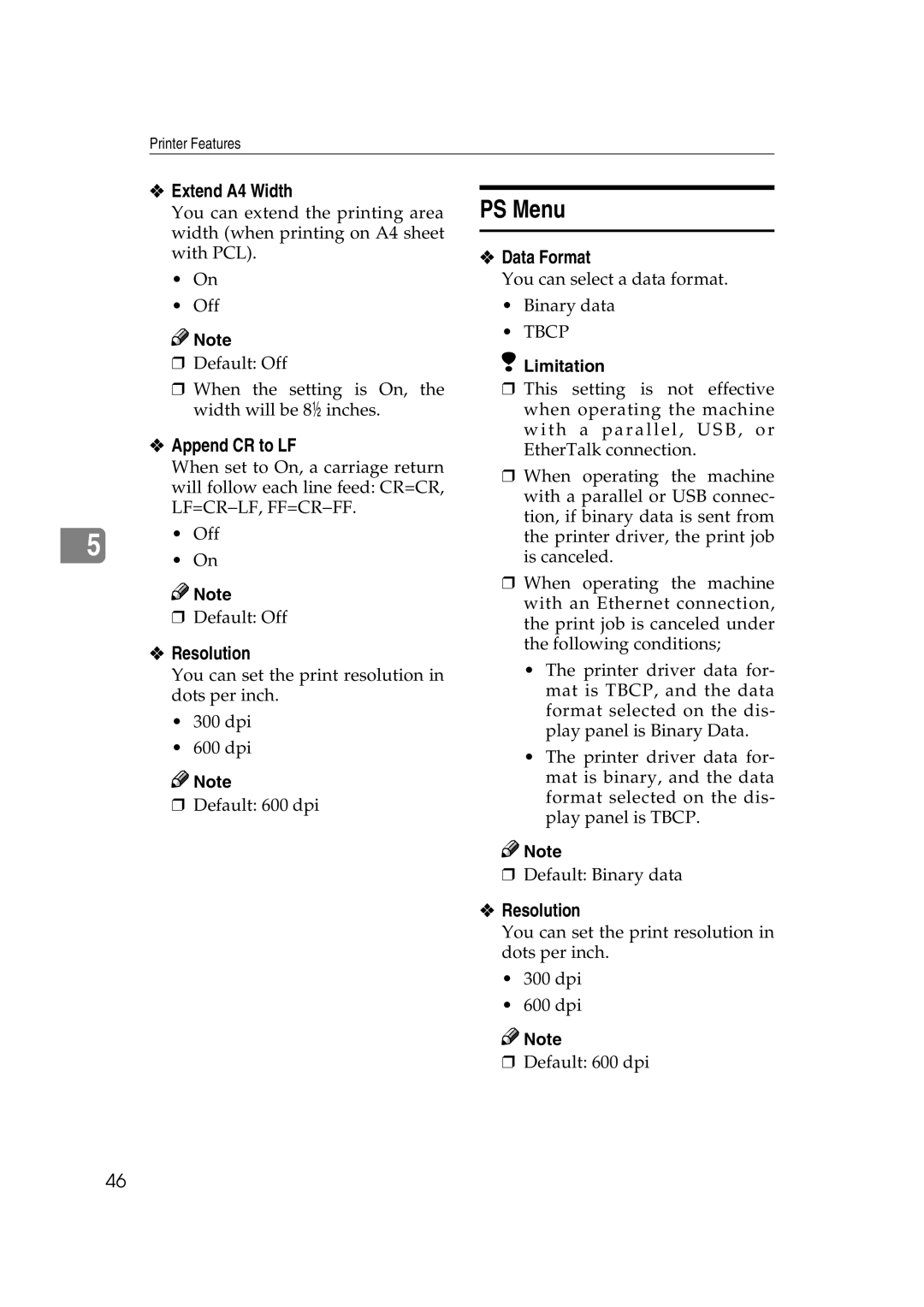 Xerox 2045e appendix PS Menu, Extend A4 Width, Data Format, Append CR to LF, Resolution 