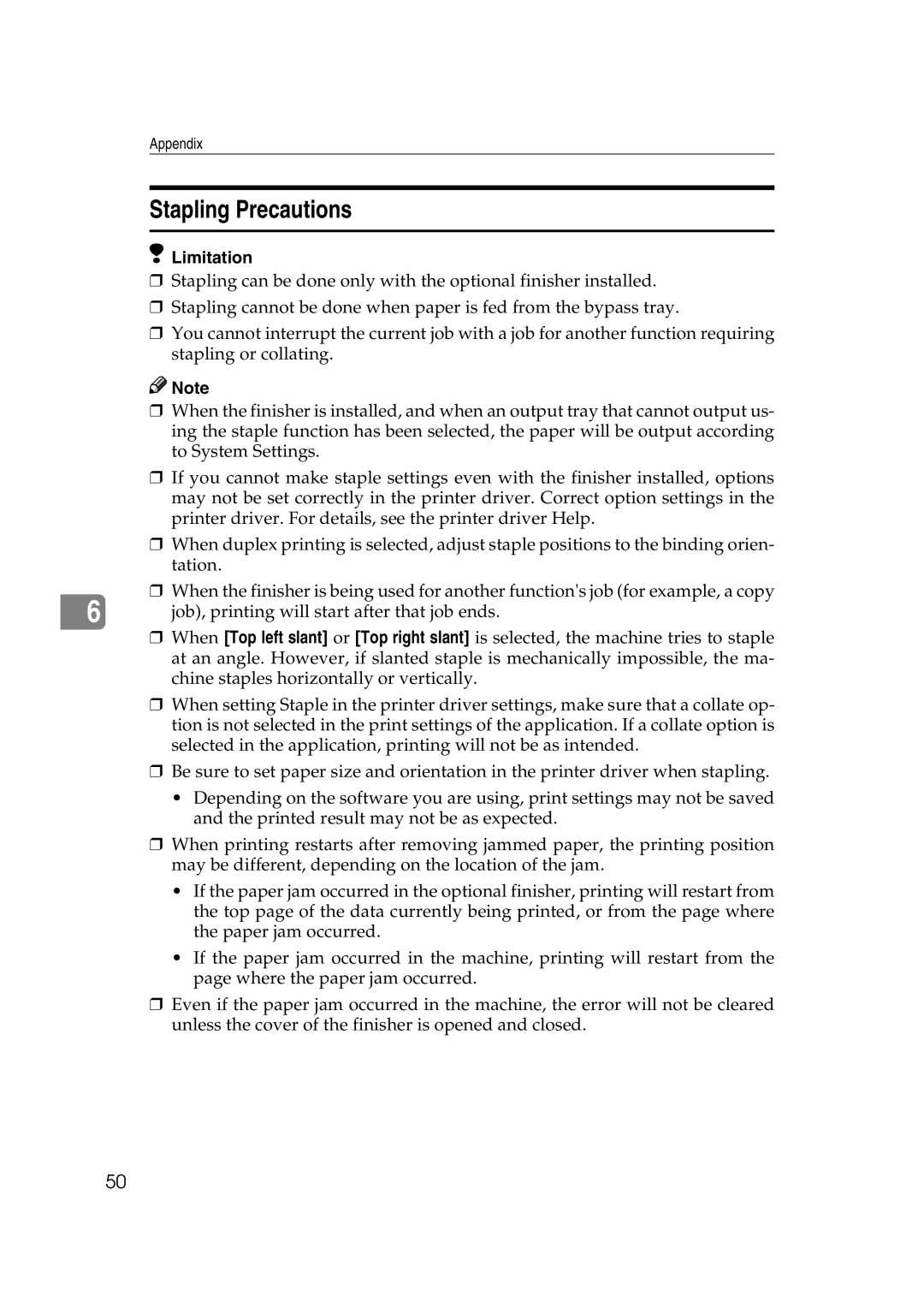 Xerox 2045e appendix Stapling Precautions, Limitation 