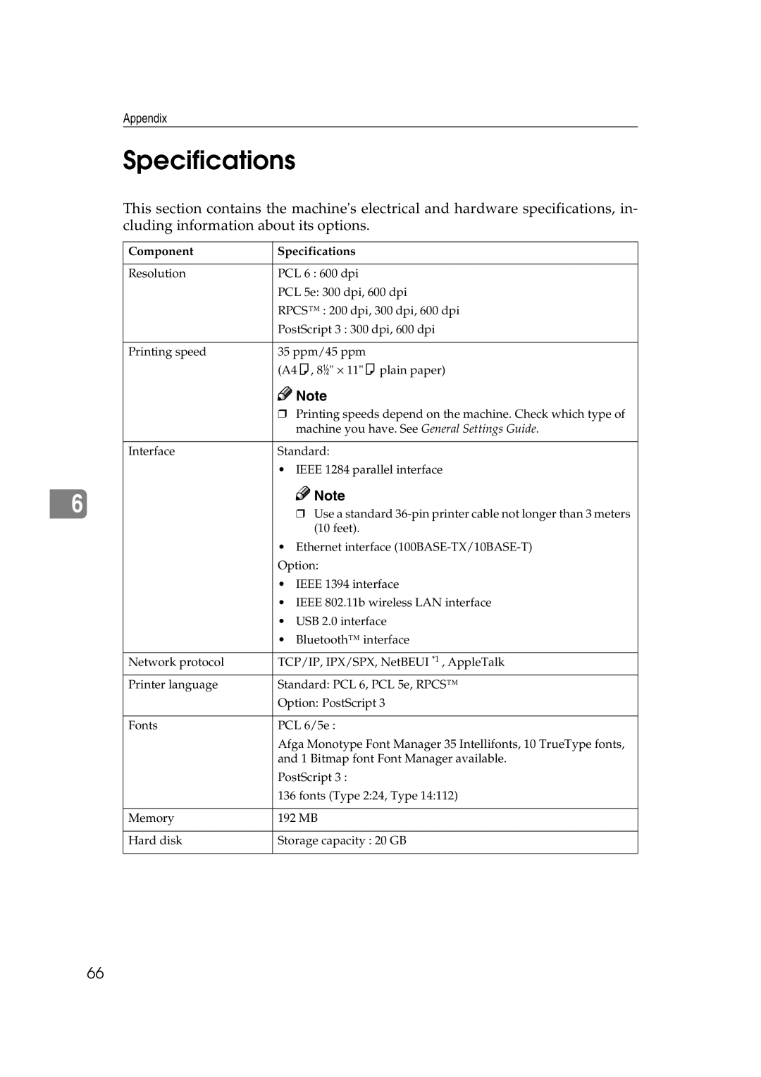 Xerox 2045e appendix Component Specifications 