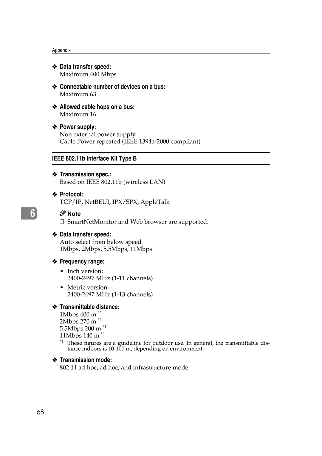 Xerox 2045e appendix Data transfer speed, Connectable number of devices on a bus, Allowed cable hops on a bus, Power supply 