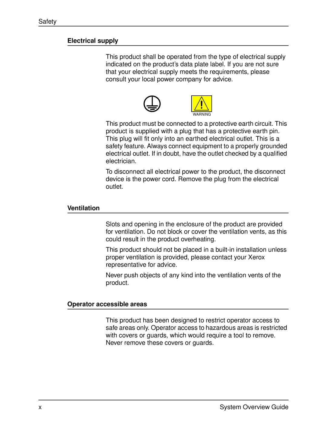 Xerox 2060 manual Electrical supply, Ventilation, Operator accessible areas 