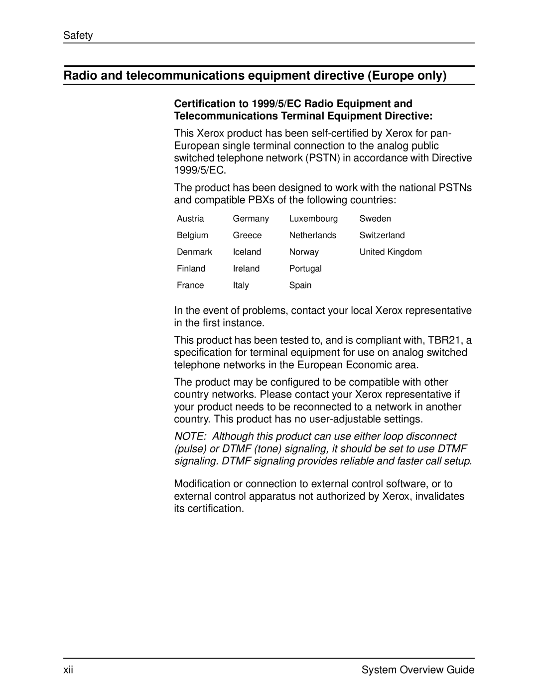 Xerox 2060 manual Radio and telecommunications equipment directive Europe only 