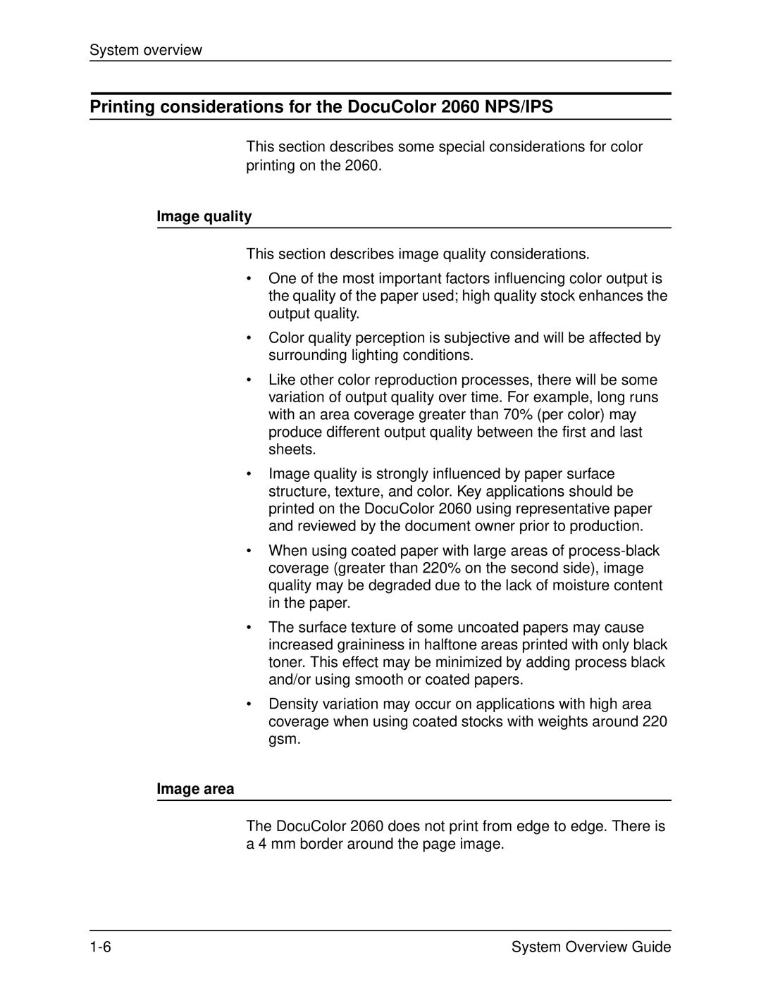 Xerox manual Printing considerations for the DocuColor 2060 NPS/IPS, Image quality, Image area 