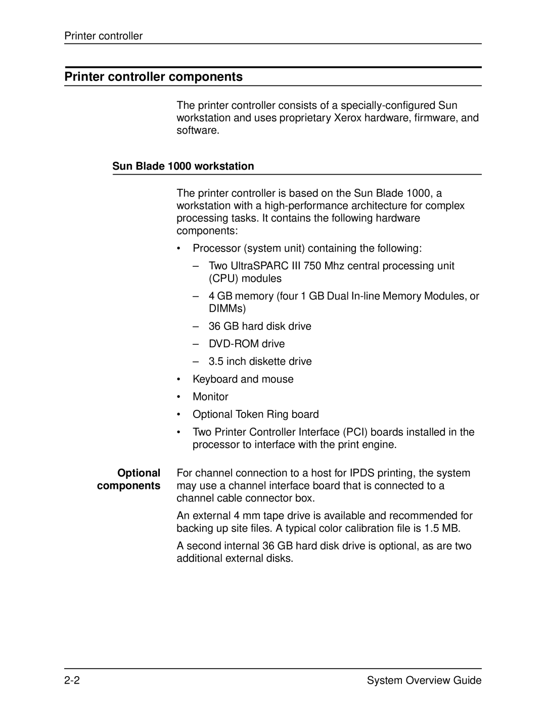 Xerox 2060 manual Printer controller components, Sun Blade 1000 workstation 