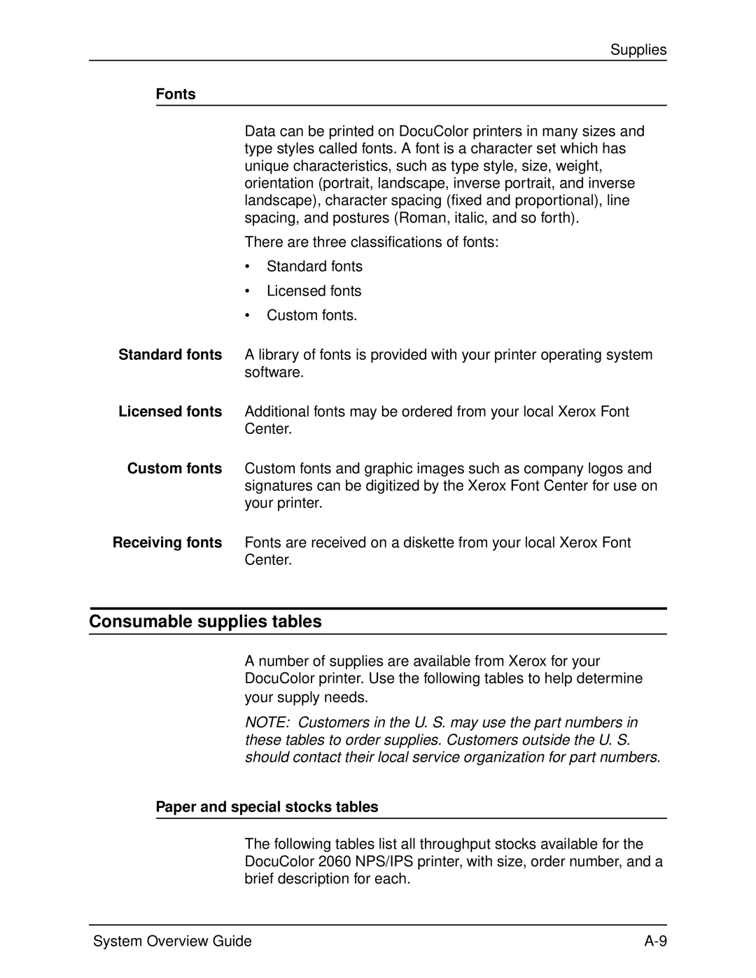 Xerox 2060 manual Consumable supplies tables, Fonts, Paper and special stocks tables 