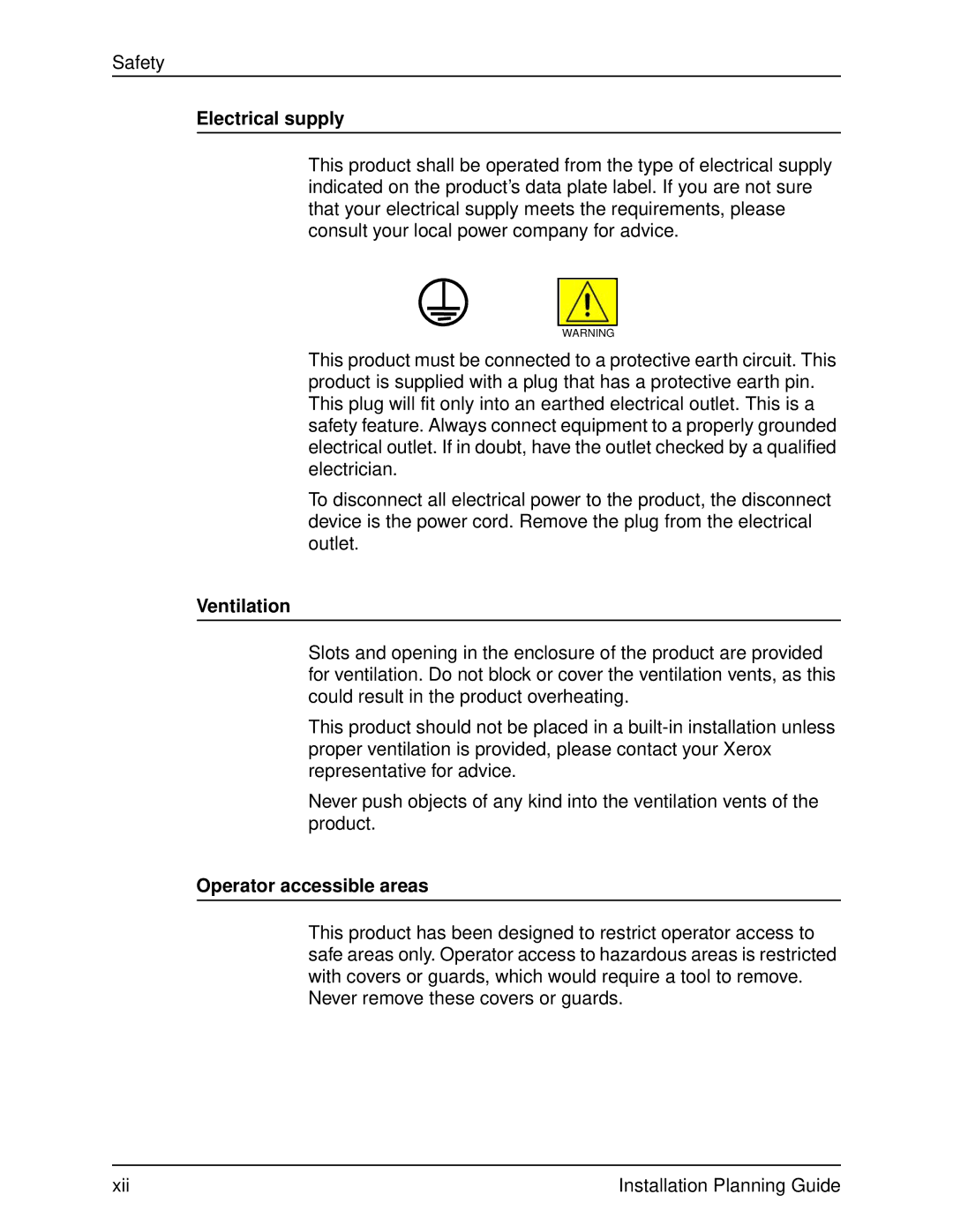 Xerox 2060 manual Electrical supply, Ventilation, Operator accessible areas 