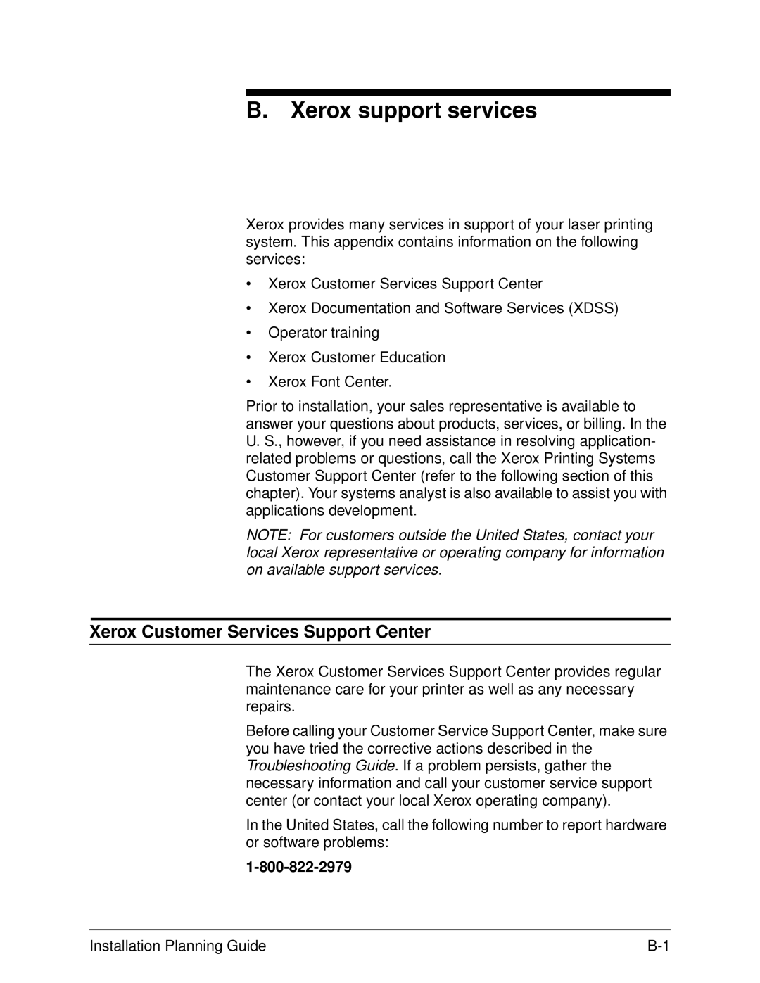 Xerox 2060 manual Xerox support services, Xerox Customer Services Support Center 