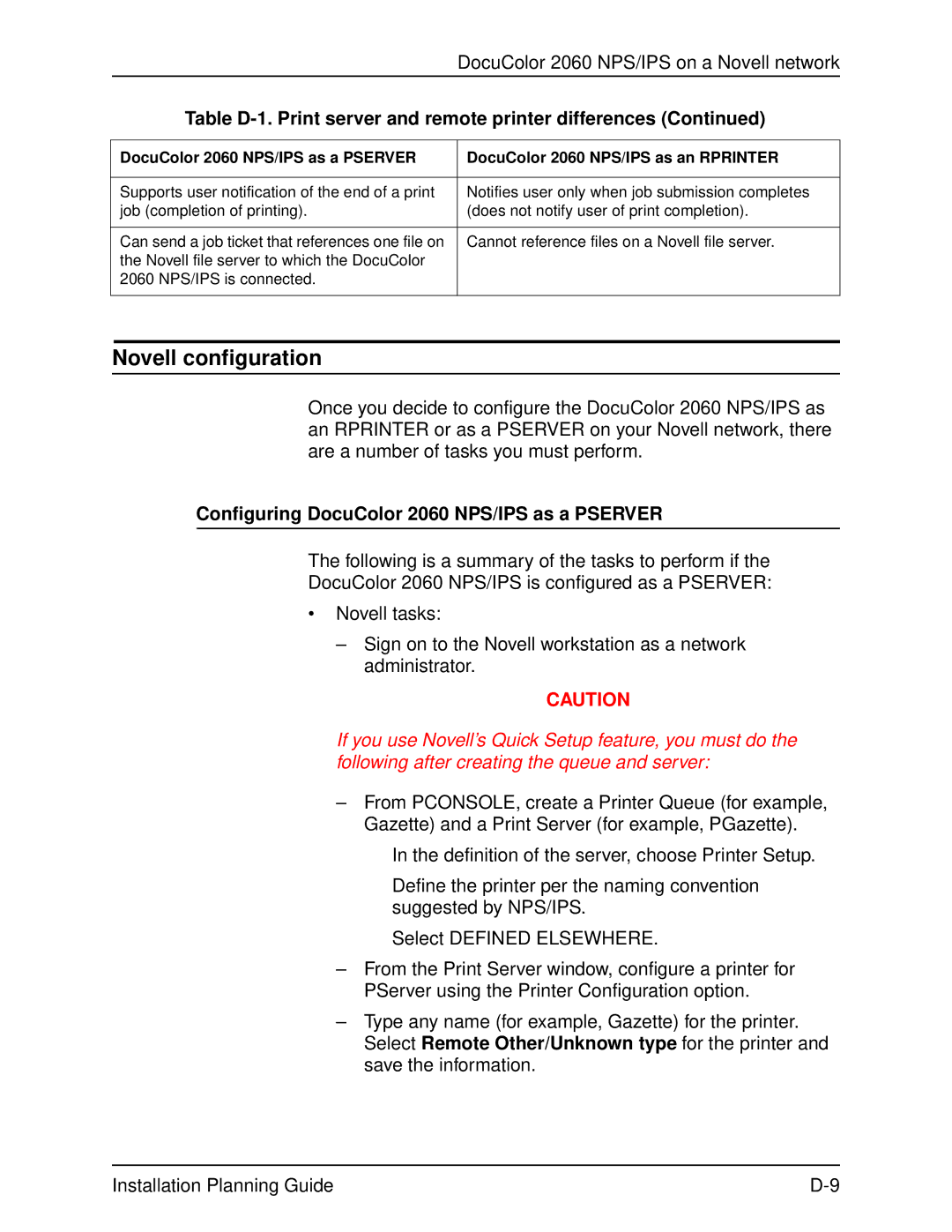 Xerox manual Novell configuration, Configuring DocuColor 2060 NPS/IPS as a Pserver 