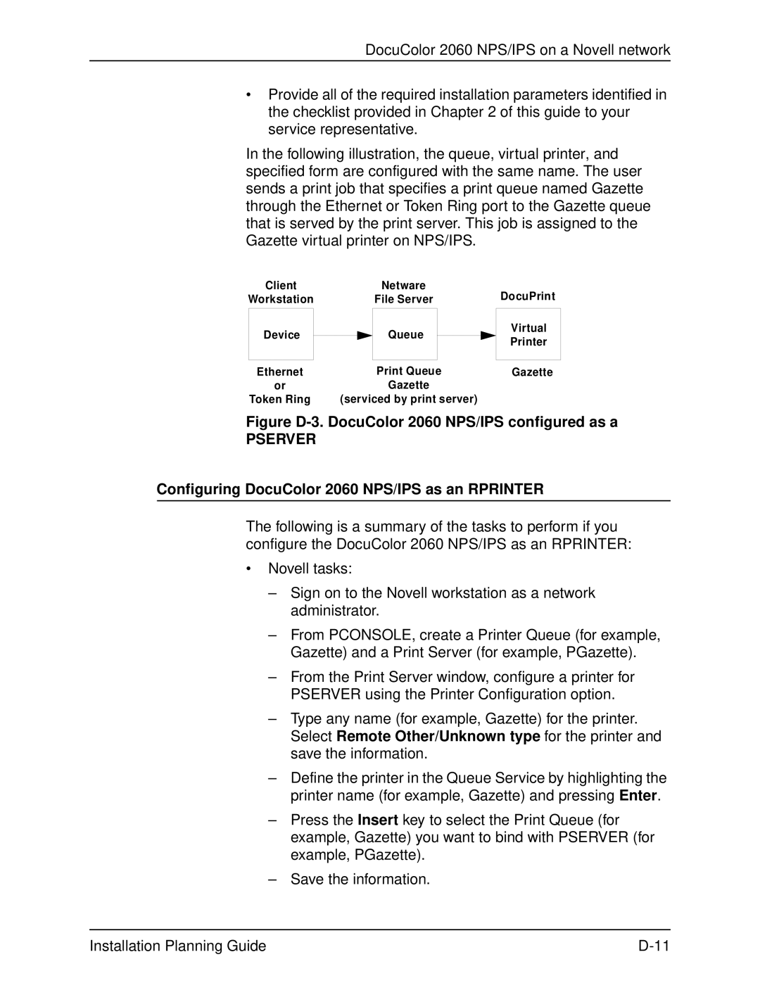 Xerox manual Figure D-3. DocuColor 2060 NPS/IPS configured as a, Configuring DocuColor 2060 NPS/IPS as an Rprinter 