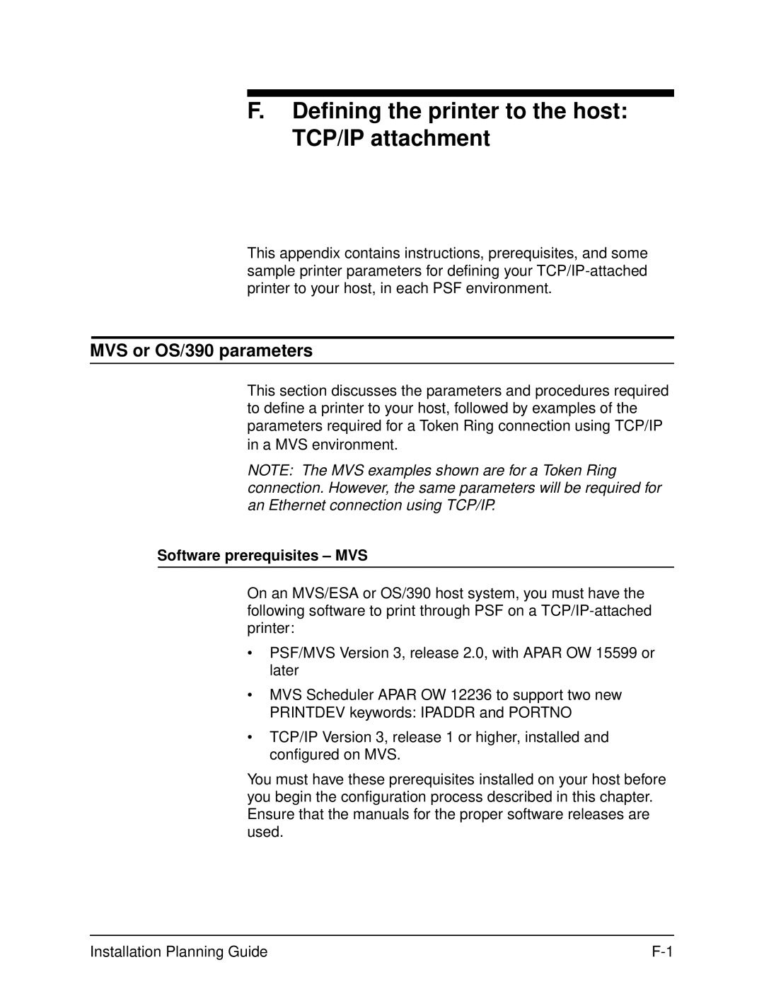 Xerox 2060 manual Defining the printer to the host TCP/IP attachment, MVS or OS/390 parameters, Software prerequisites MVS 