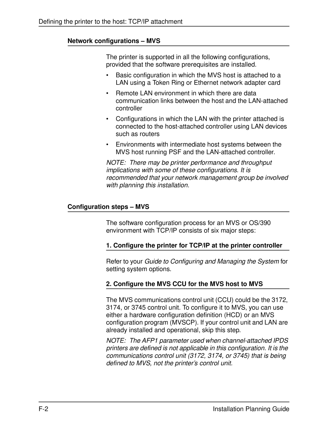 Xerox 2060 Network configurations MVS, Configuration steps MVS, Configure the printer for TCP/IP at the printer controller 