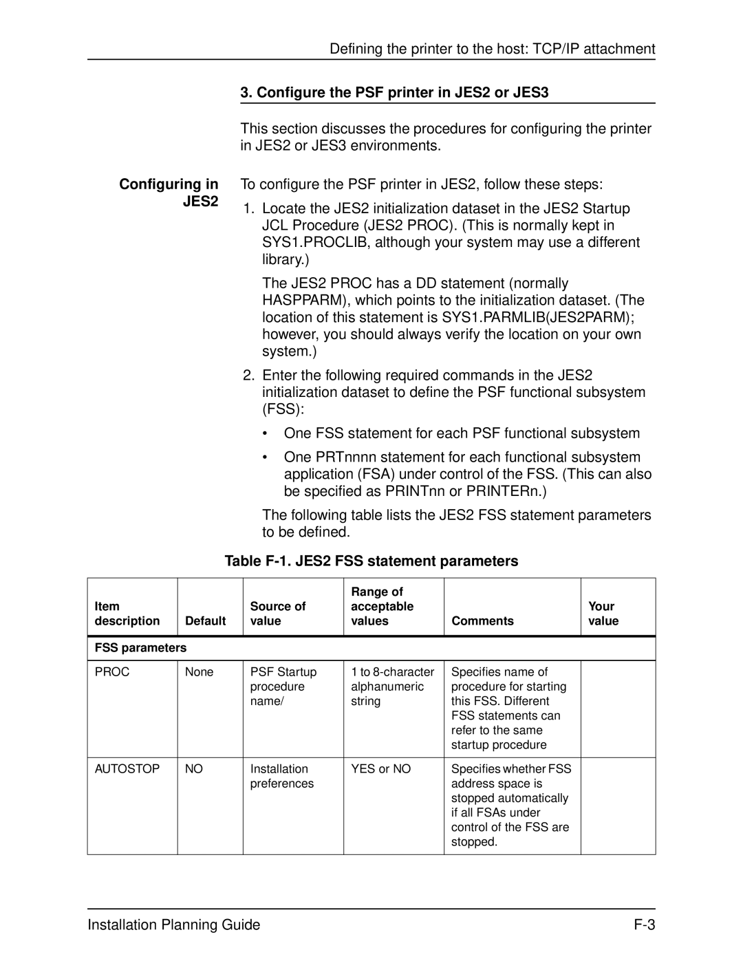 Xerox 2060 manual Table F-1. JES2 FSS statement parameters, Proc, Autostop 