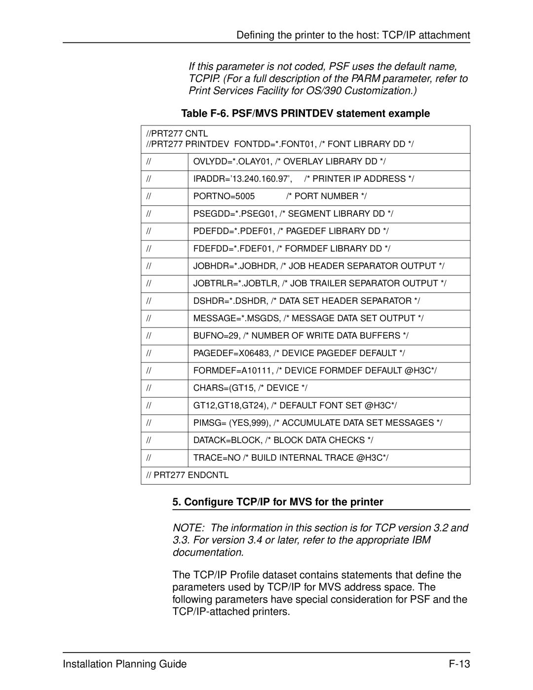 Xerox 2060 manual Table F-6. PSF/MVS Printdev statement example, Configure TCP/IP for MVS for the printer 