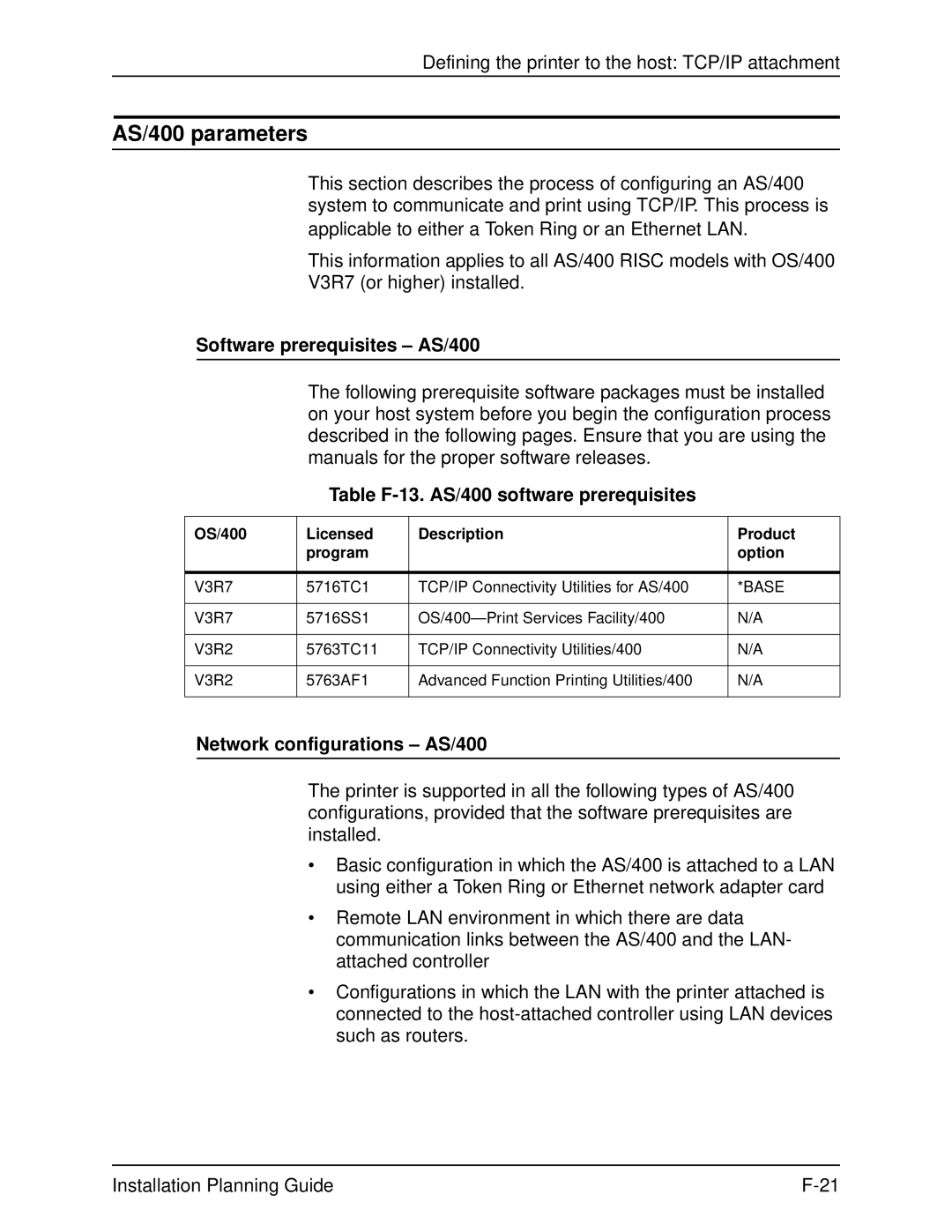 Xerox 2060 manual AS/400 parameters, Software prerequisites AS/400, Table F-13. AS/400 software prerequisites 