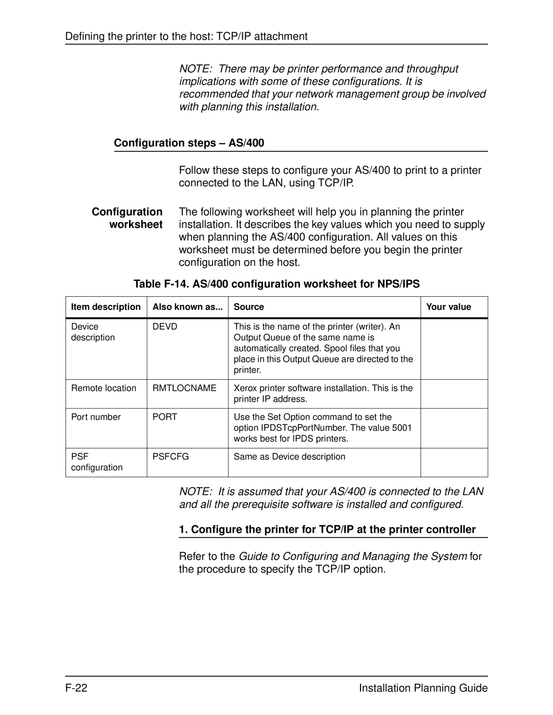 Xerox 2060 manual Configuration steps AS/400, Worksheet, Table F-14. AS/400 configuration worksheet for NPS/IPS 