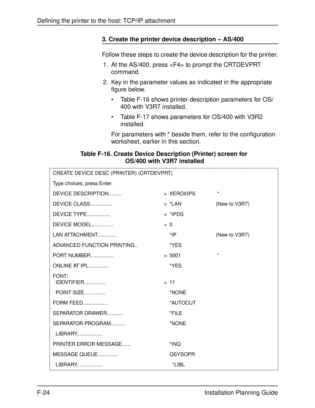 Xerox 2060 manual Create the printer device description AS/400, Create Device Desc Printer Crtdevprt 