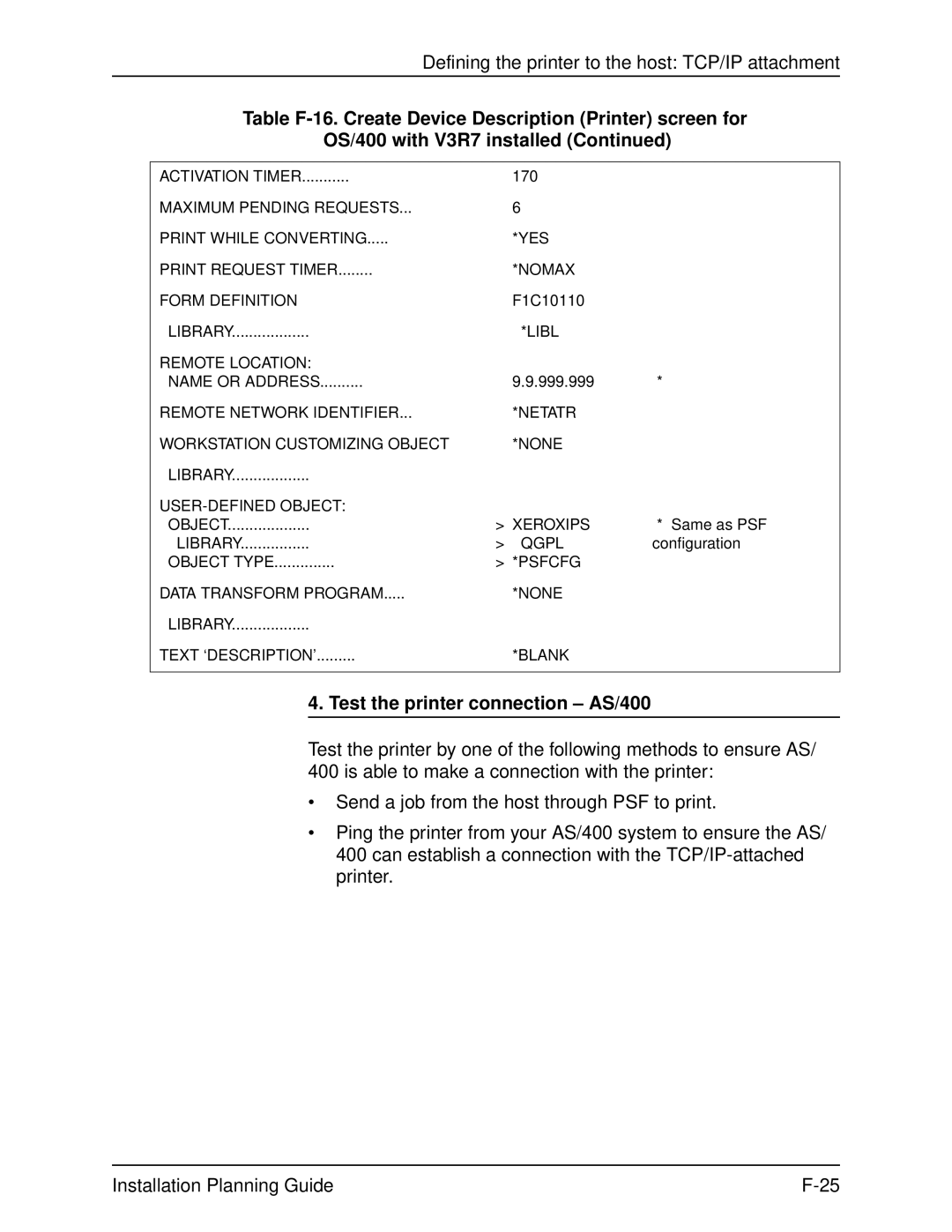 Xerox 2060 manual Test the printer connection AS/400, Activation Timer, Library Libl Remote Location Name or Address 