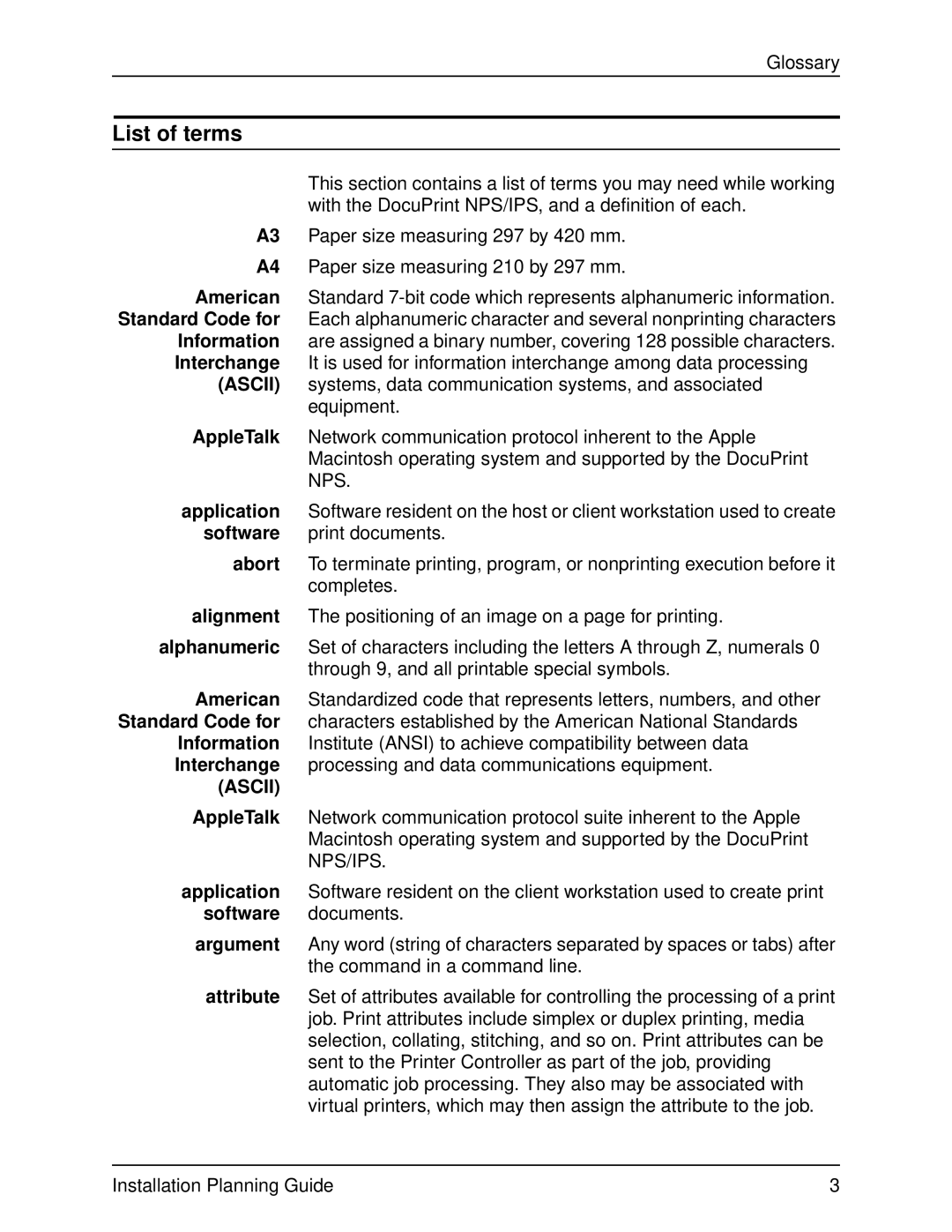 Xerox 2060 manual List of terms, Ascii 