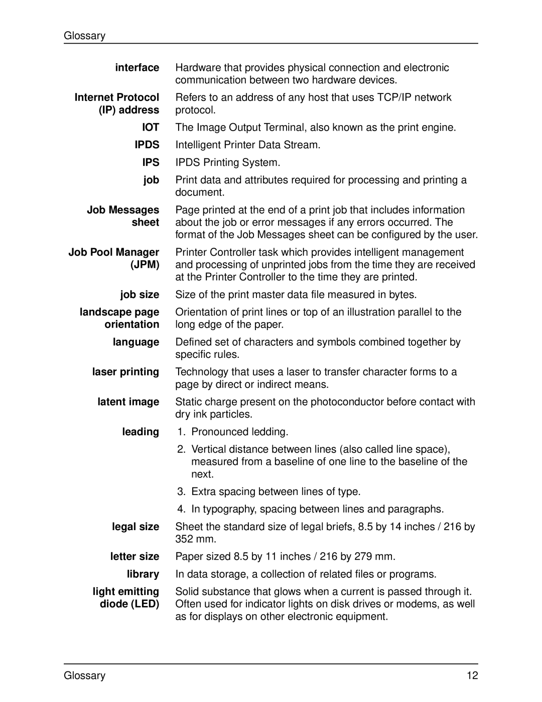 Xerox 2060 Interface, Internet Protocol, IP address, Job Messages, Sheet, Job size, Landscape, Orientation, Language 