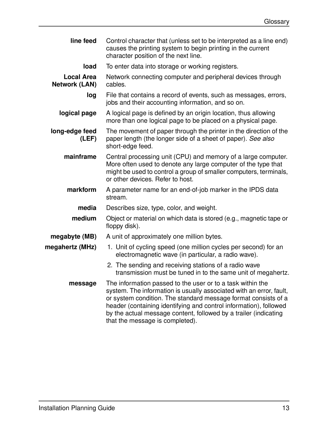 Xerox 2060 manual Line feed, Load, Local Area, Network LAN, Logical, Long-edge feed, Mainframe, Markform, Media, Medium 