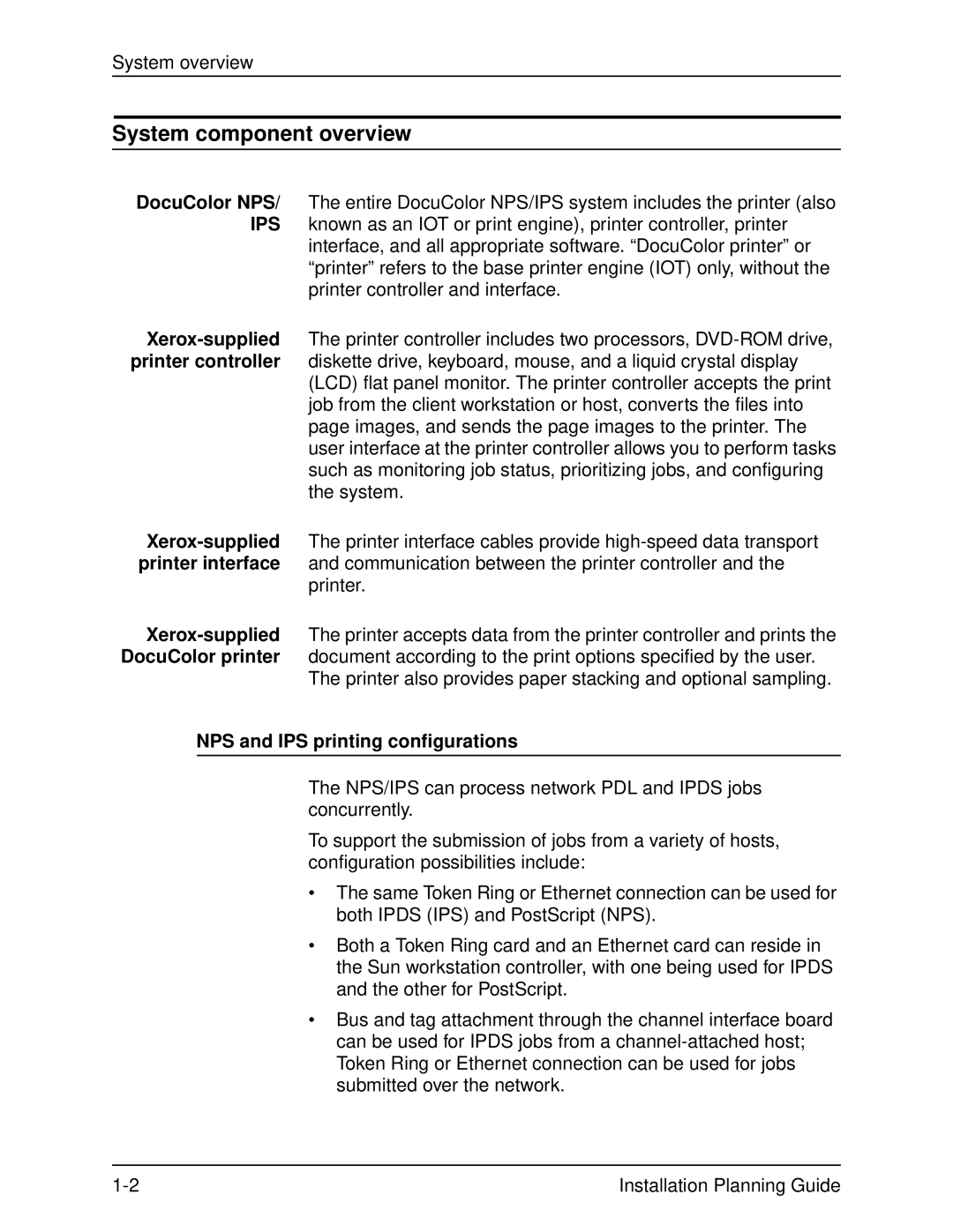 Xerox 2060 manual System component overview, NPS and IPS printing configurations 