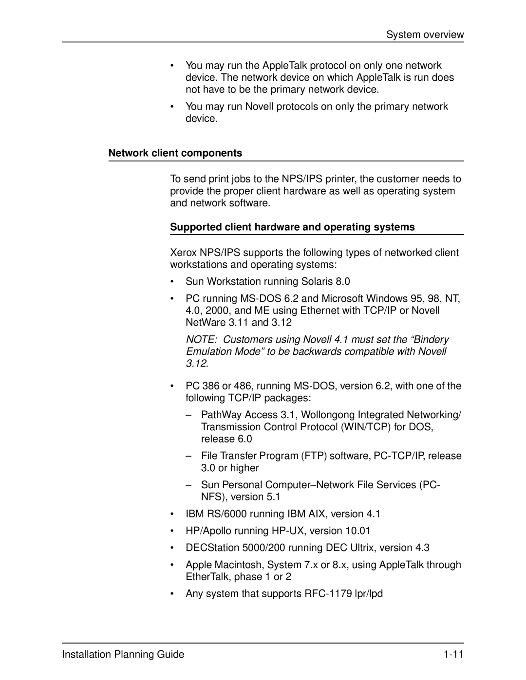 Xerox 2060 manual Network client components, Supported client hardware and operating systems 