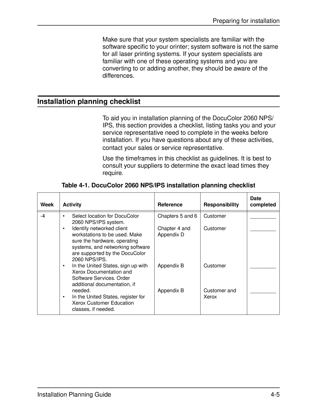 Xerox manual Installation planning checklist, DocuColor 2060 NPS/IPS installation planning checklist, Date 