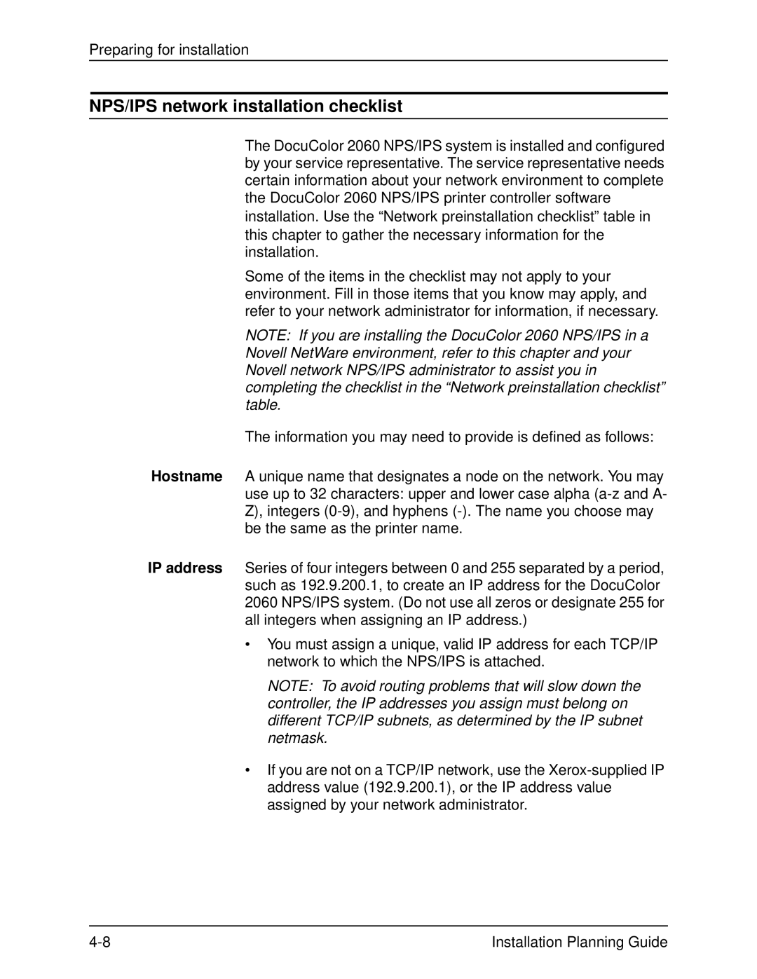 Xerox 2060 manual NPS/IPS network installation checklist 