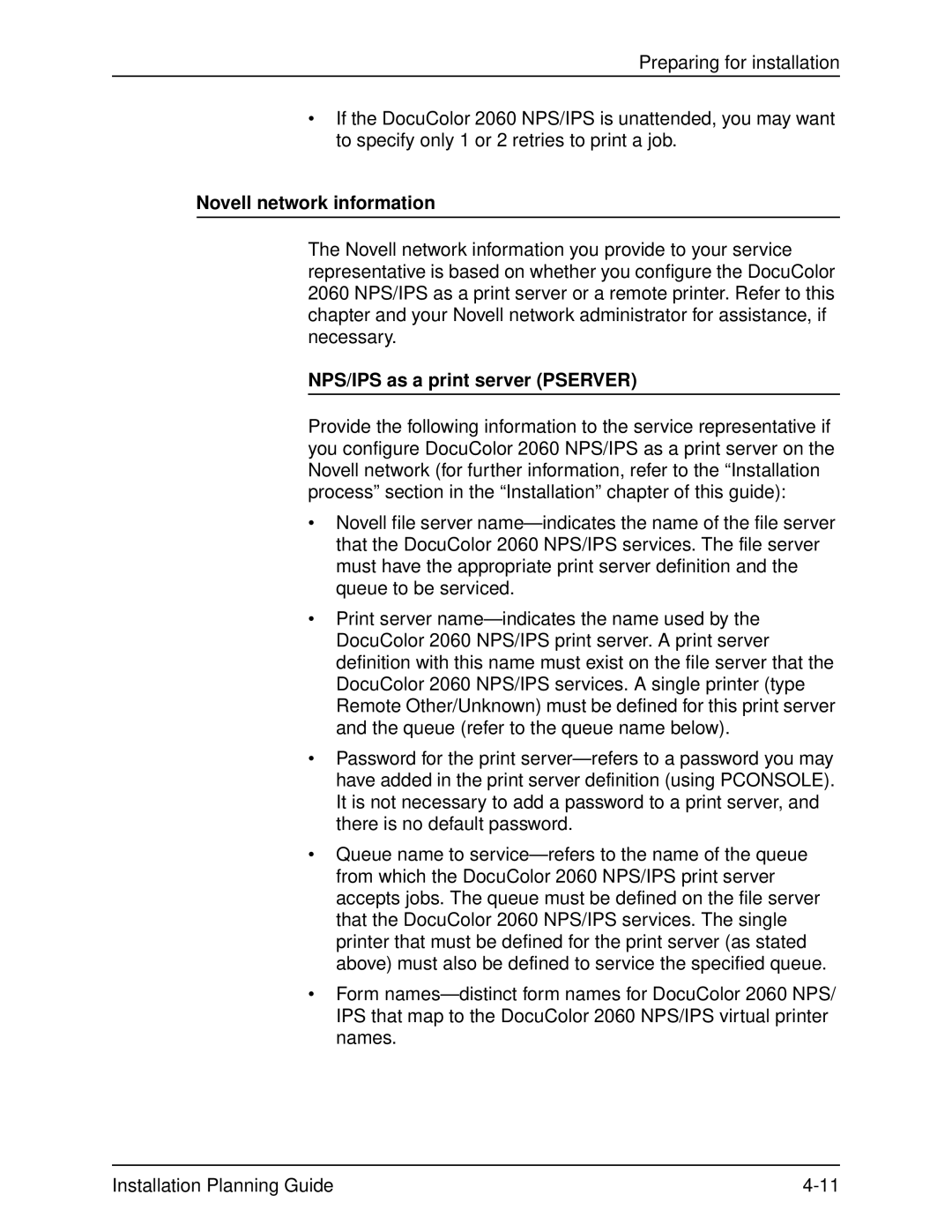 Xerox 2060 manual Novell network information, NPS/IPS as a print server Pserver 