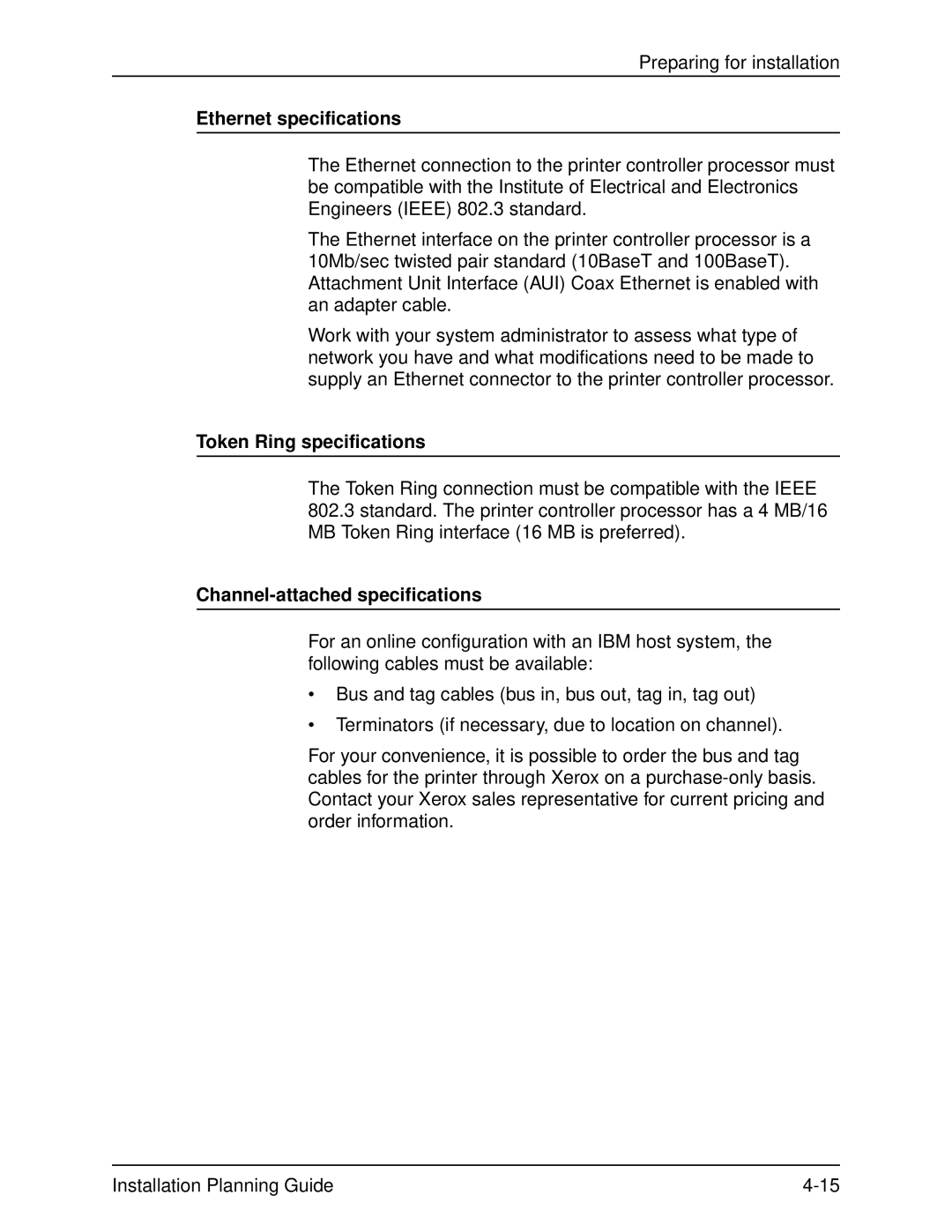 Xerox 2060 manual Ethernet specifications, Token Ring specifications, Channel-attached specifications 