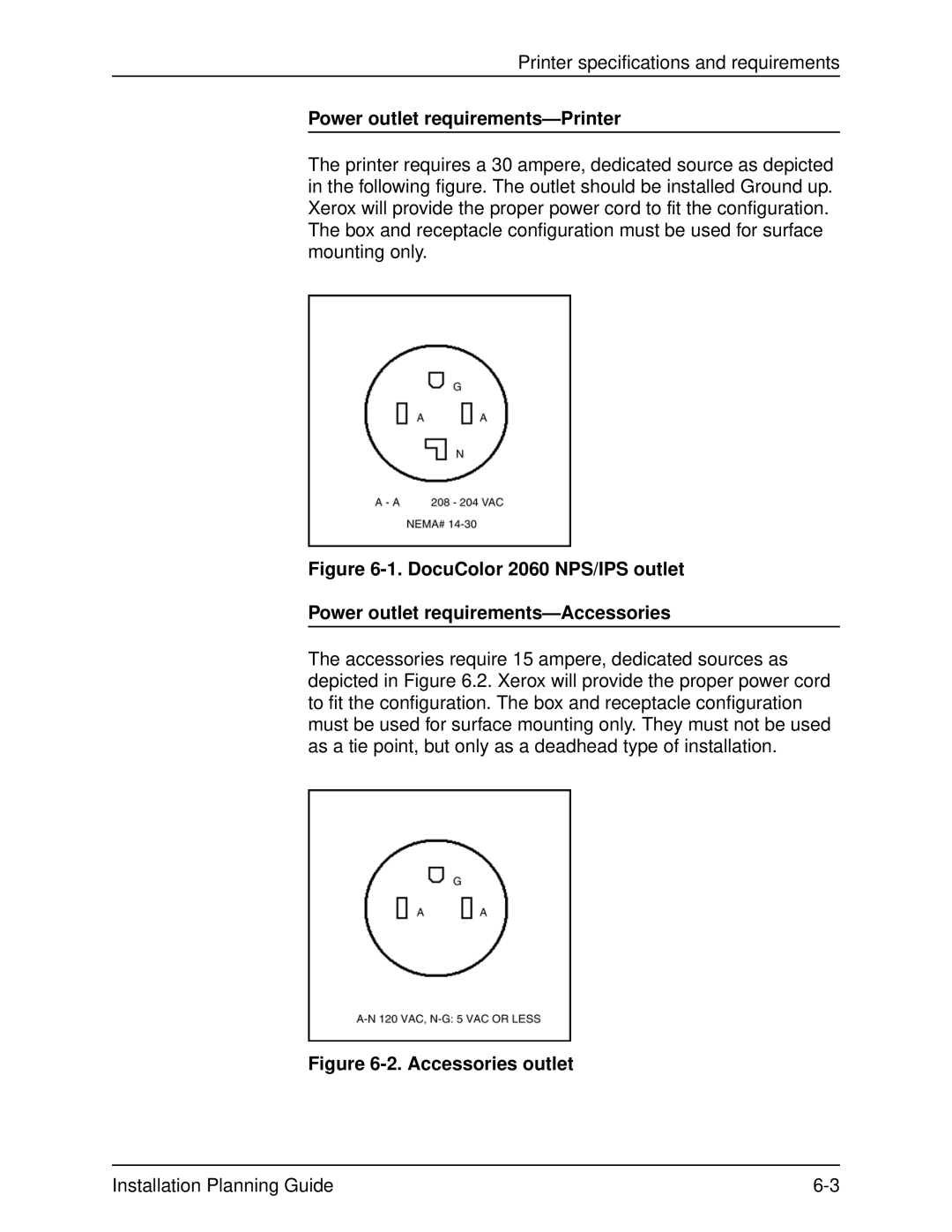 Xerox 2060 manual Power outlet requirements-Printer, Accessories outlet 