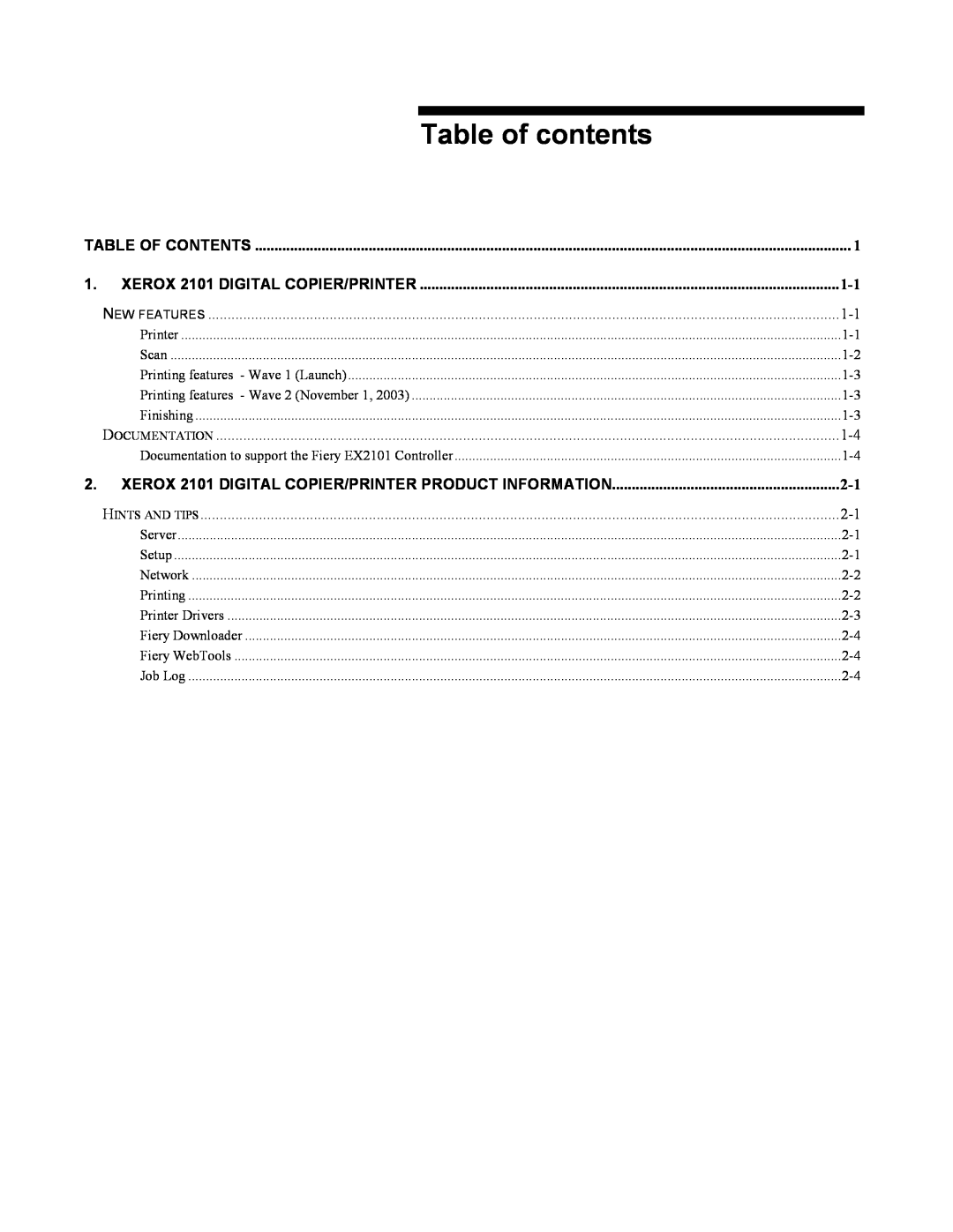 Xerox manual Table of contents, Table Of Contents, XEROX 2101 DIGITAL COPIER/PRINTER, New Features, Documentation 