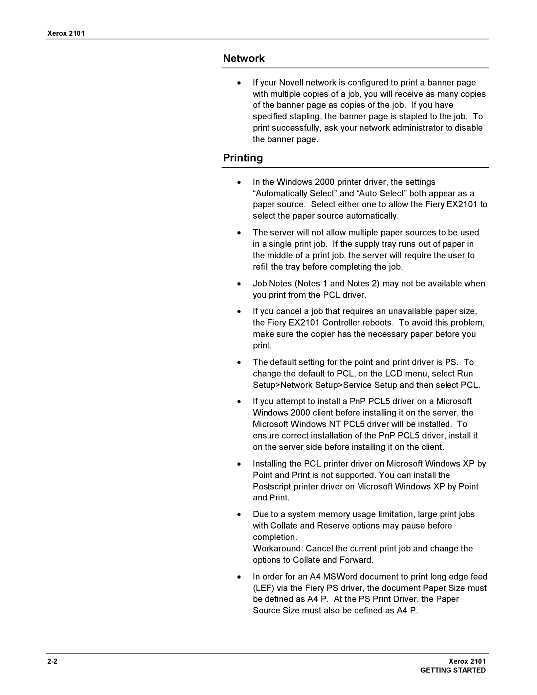 Xerox 2101 manual Network, Printing 