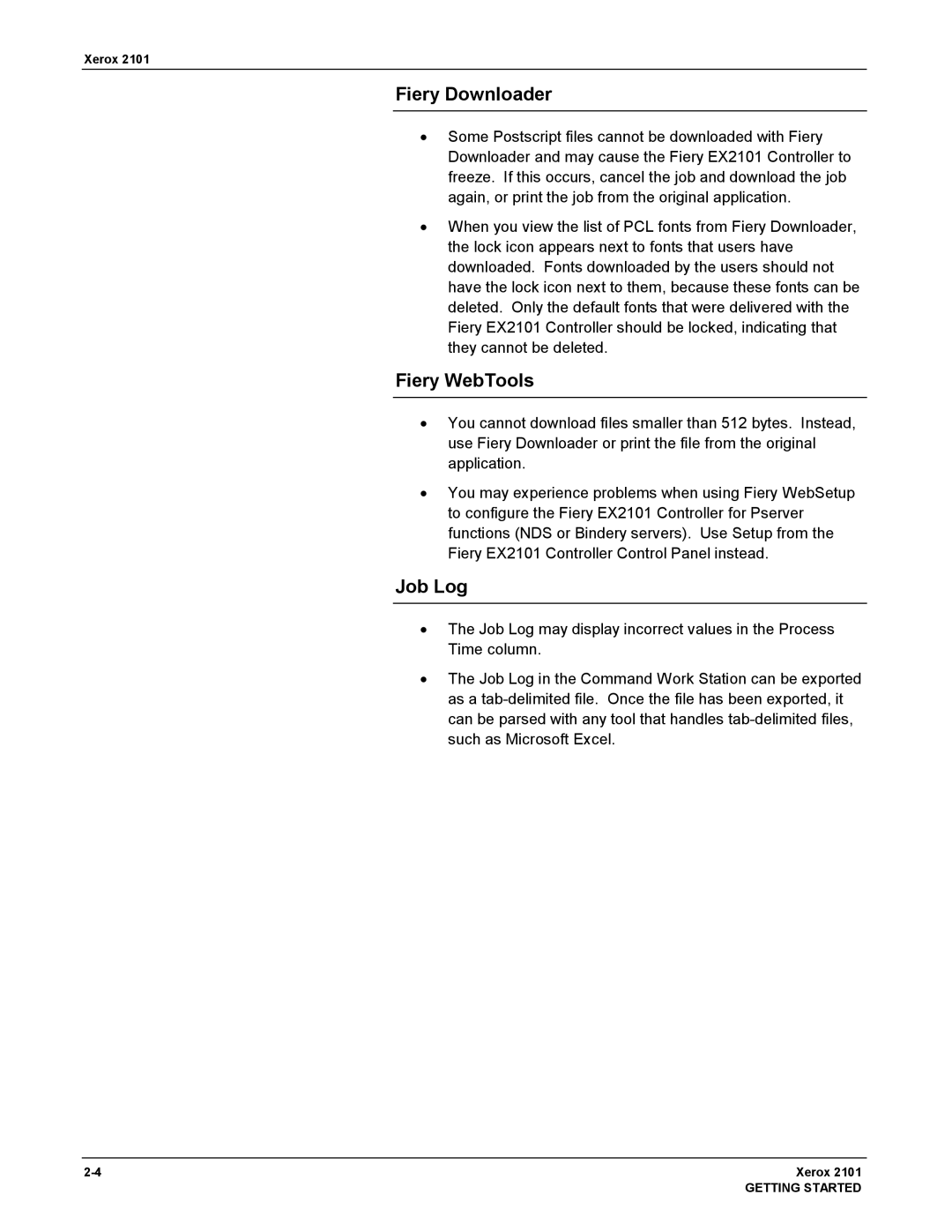 Xerox 2101 manual Fiery Downloader, Fiery WebTools, Job Log 