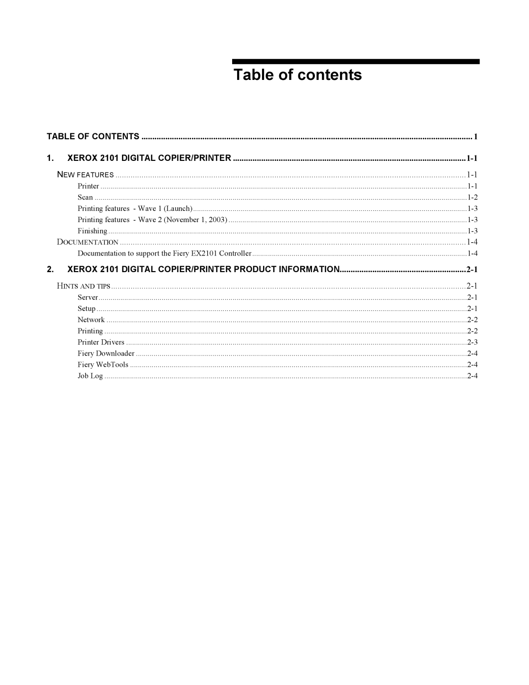 Xerox 2101 manual Table of contents 