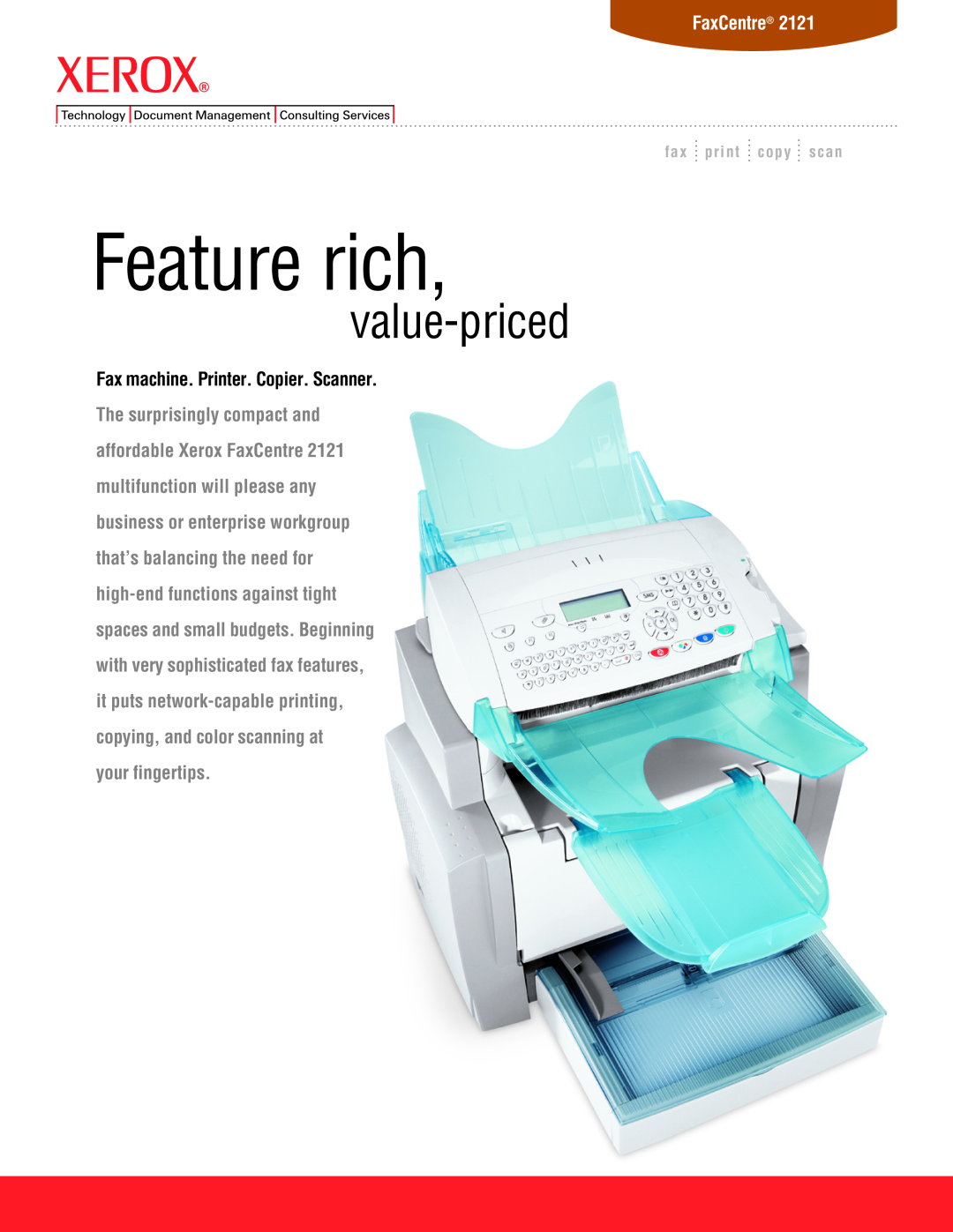 Xerox 2121 manual FaxCentre, Feature rich, value-priced, your fingertips, fax print copy scan 