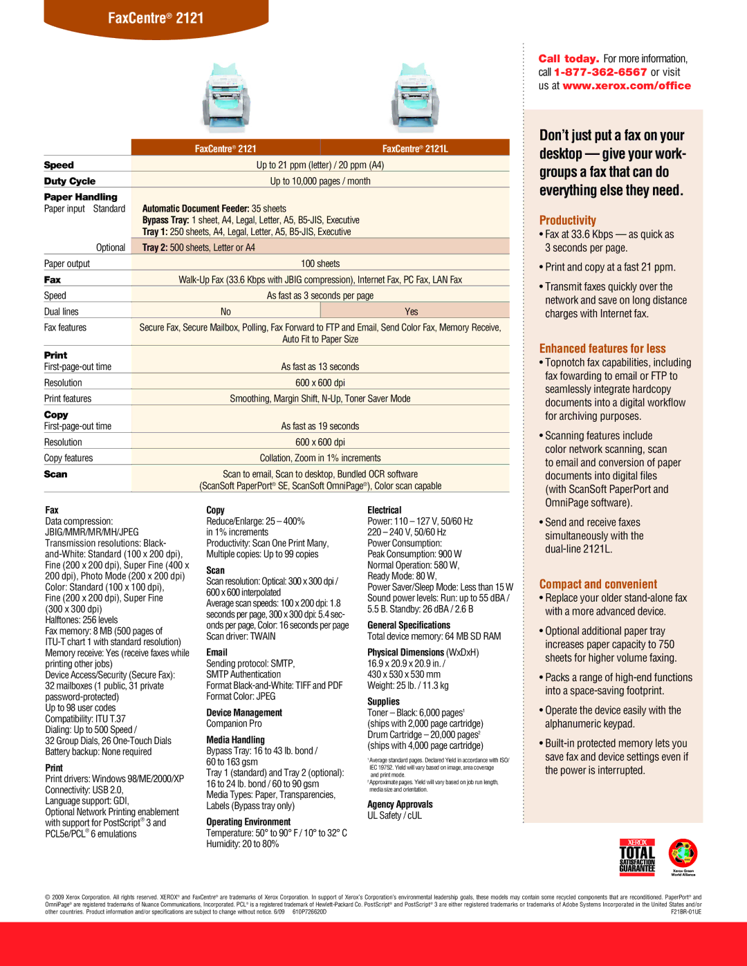 Xerox 2121 manual Productivity, Enhanced features for less, Compact and convenient 