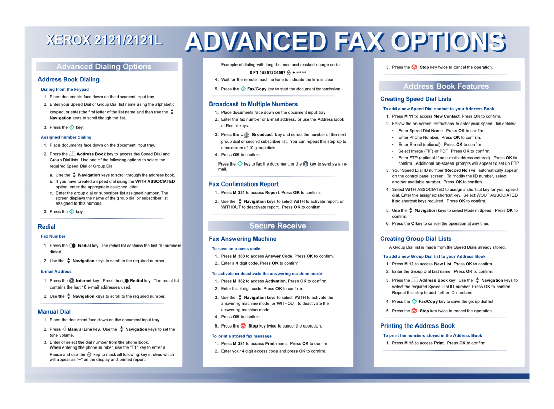 Xerox XEROX 2121/2121L ADVANCED FAX OPTIONSPTIONS, Advanced Dialing Options, Secure Receive, Address Book Features 