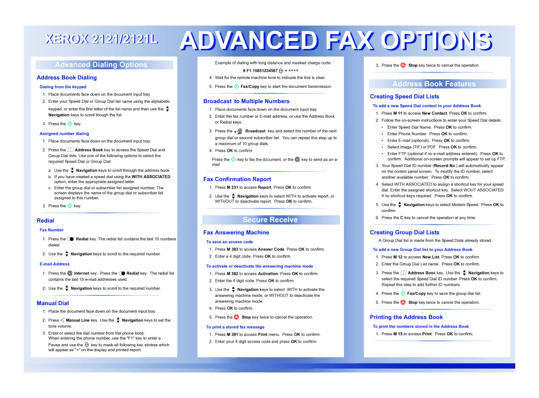 Xerox 2121L manual Address Book Dialing, Redial, Manual Dial, Broadcast to Multiple Numbers, Fax Confirmation Report 