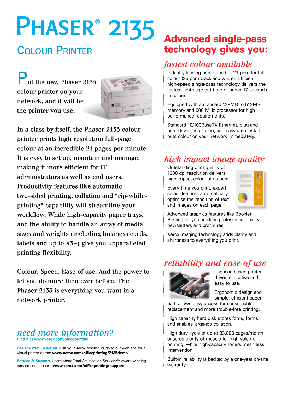 Xerox 2135N brochure fastest colour available, high-impact image quality, Advanced single-pass technology gives you 