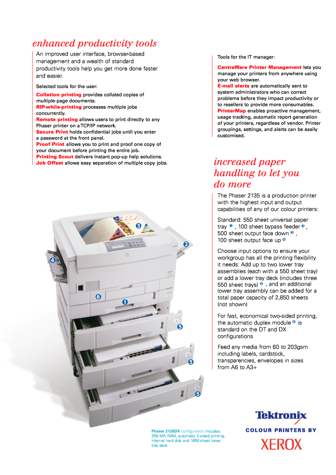 Xerox 2135DT, 2135N brochure enhanced productivity tools, increased paper handling to let you do more 