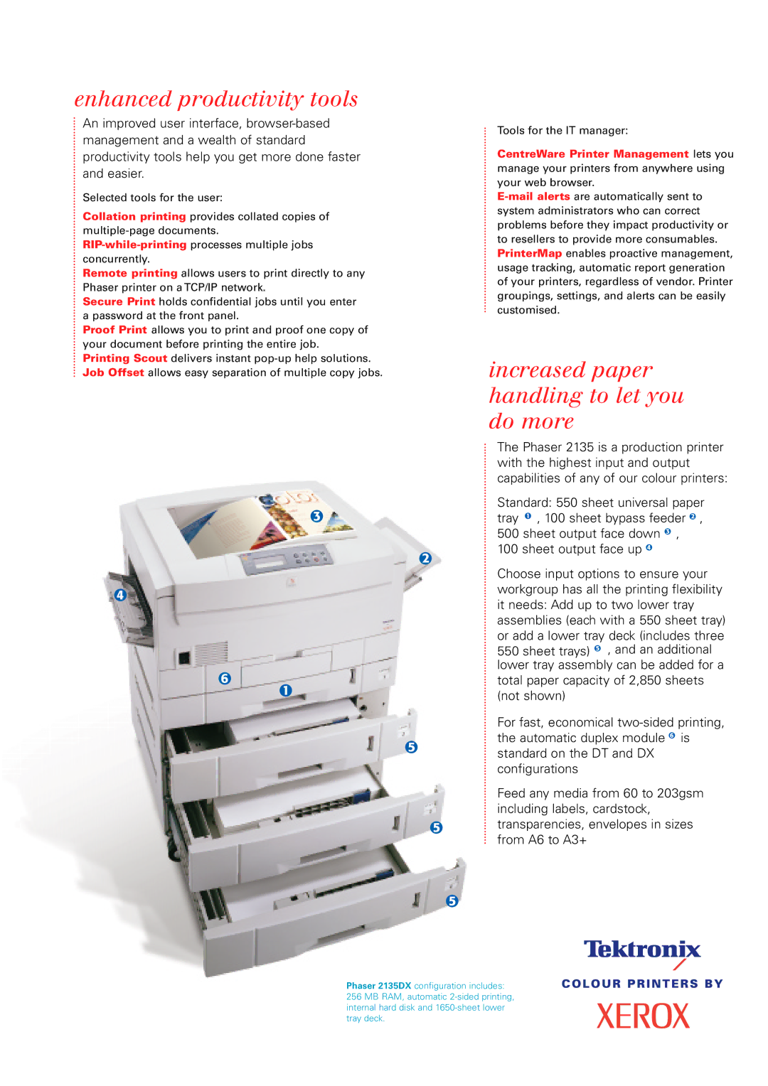 Xerox 2135DT, 2135N brochure Enhanced productivity tools, Increased paper handling to let you do more 