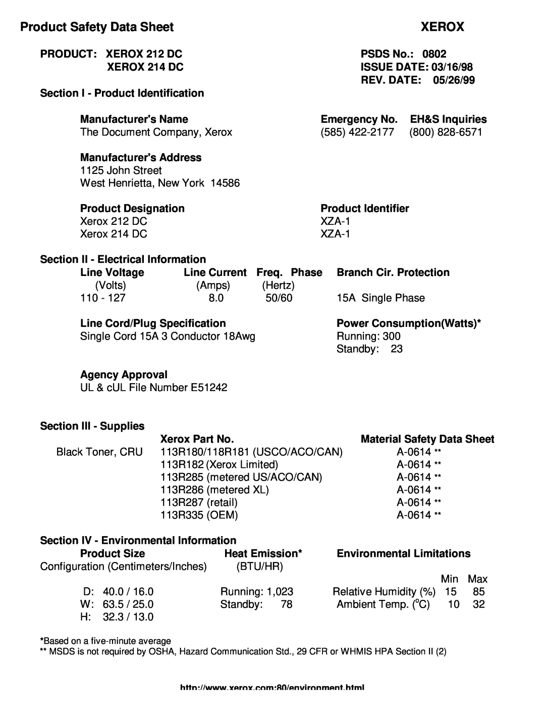 Xerox 212 DC, 214 DC manual Product Safety Data Sheet, Xerox 