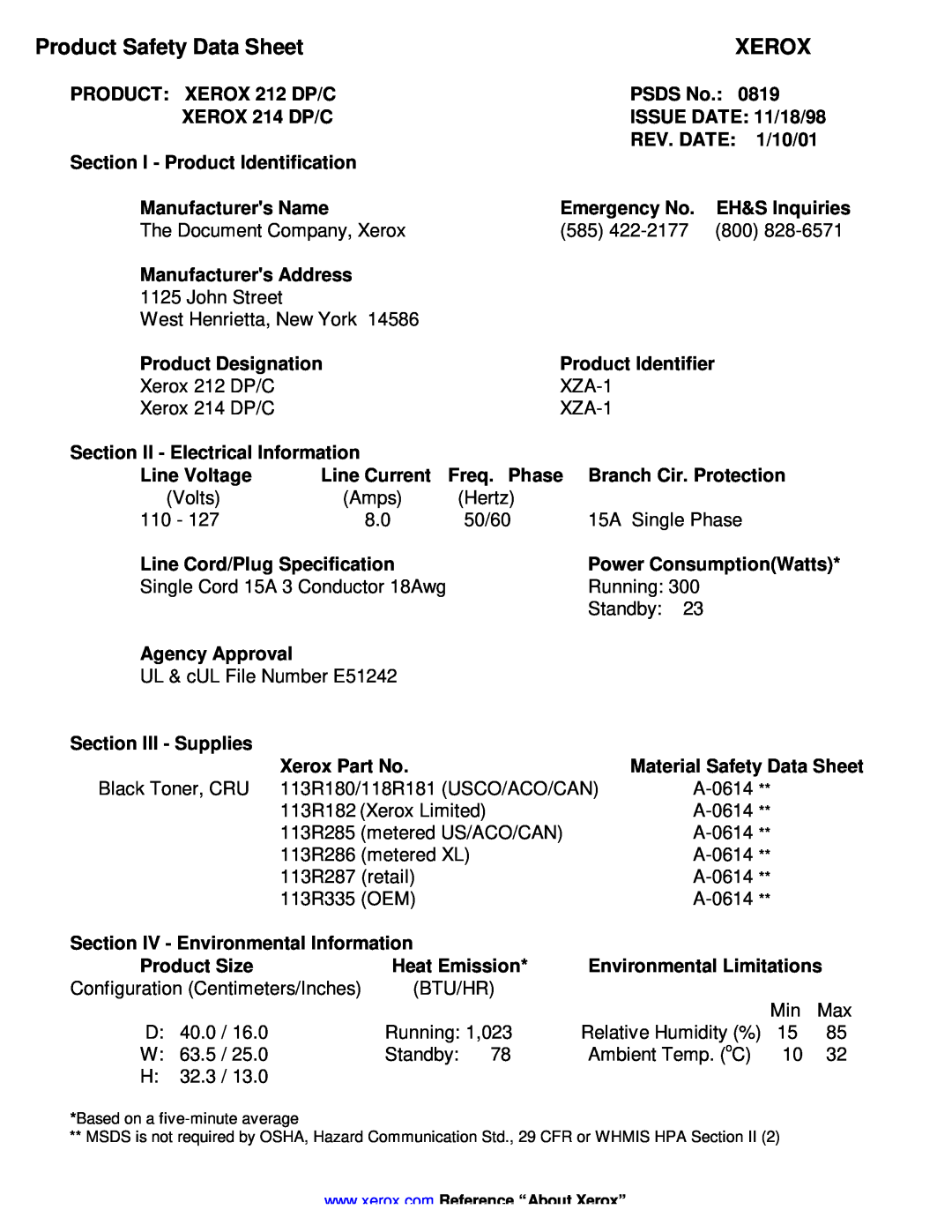 Xerox 212 DP/C, 214 DP/C manual Product Safety Data Sheet, Xerox 