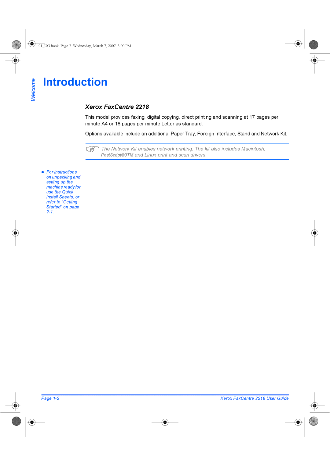 Xerox 2218 manual Introduction, Xerox FaxCentre 