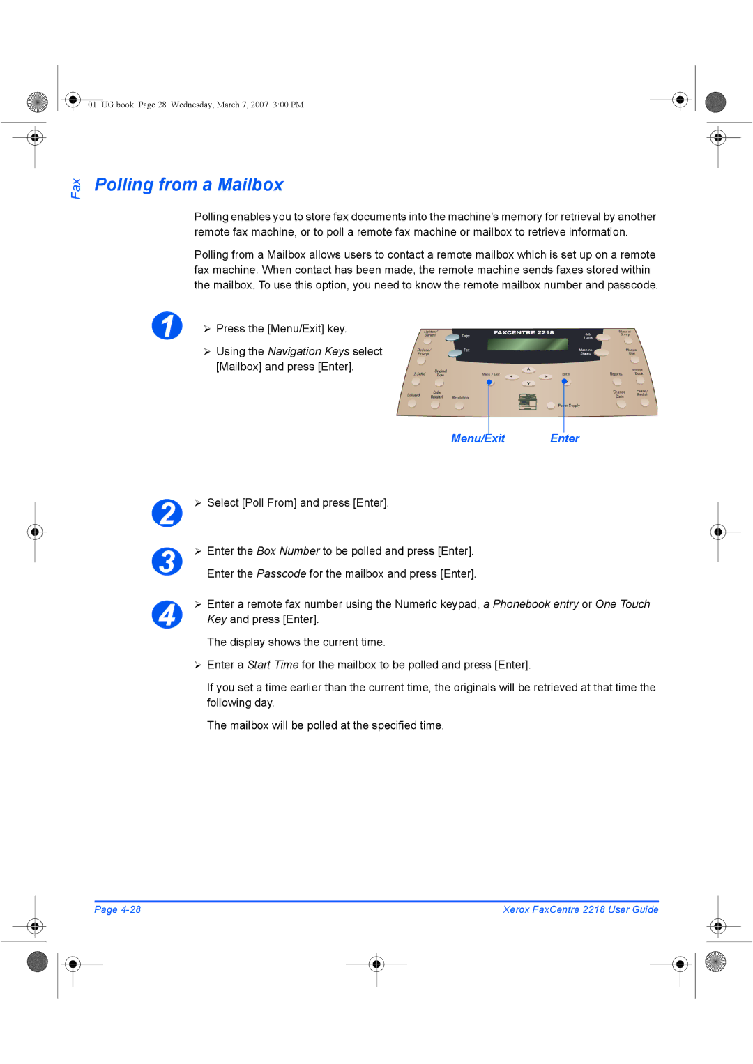 Xerox 2218 manual Polling from a Mailbox, ¾ Select Poll From and press Enter, Key and press Enter 