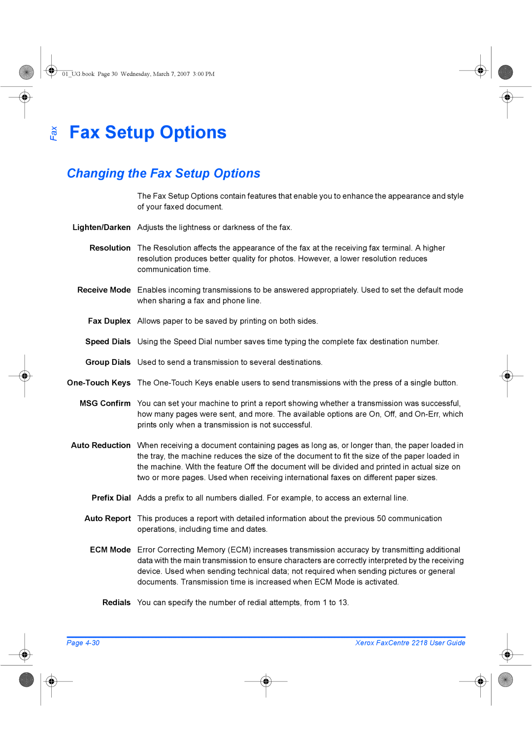 Xerox 2218 manual Changing the Fax Setup Options 