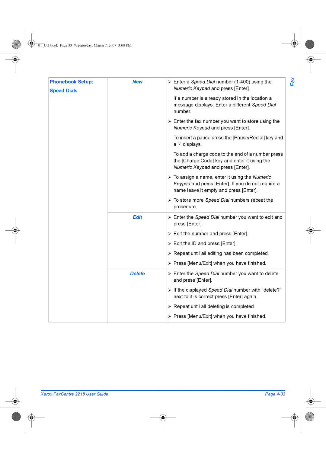 Xerox 2218 manual Phonebook Setup Speed Dials, New, Edit 